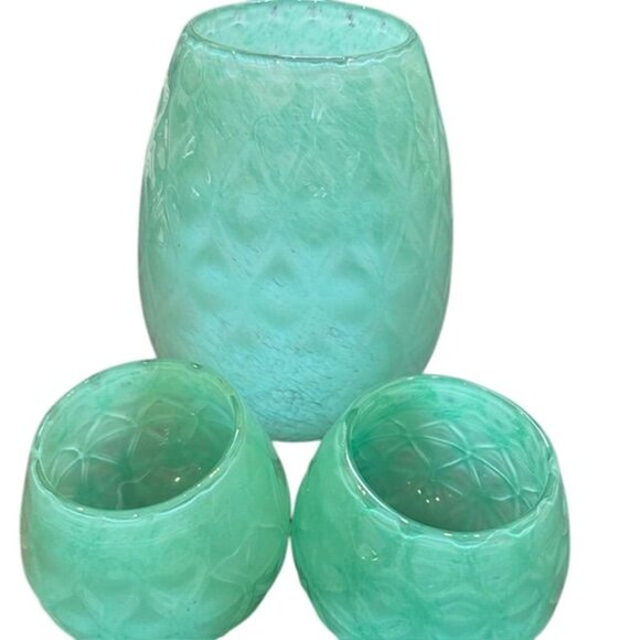 Embossed Green Glass Vase & Candle Holder Set Of 3 - Picture 11 of 11